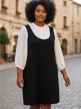 Classic Alfani Black Knit Shift Dress with White Blouse Panel and Sleeve sz2x